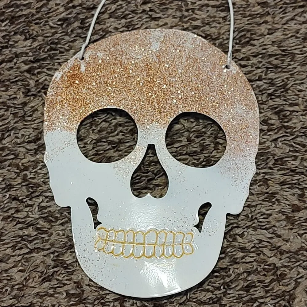 Metal Hanging Skull Head Face Mask Wall Party Decor Peach Coral Glitter Holiday